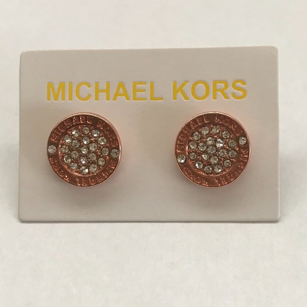 Michael Kors Rose Gold Round Logo Rhinestone Fashion Stud Earrings